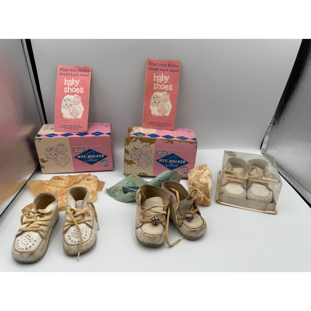 Vintage Wee Walker Baby Shoes Lot 3 Pairs White Leather Original Boxes Booklets